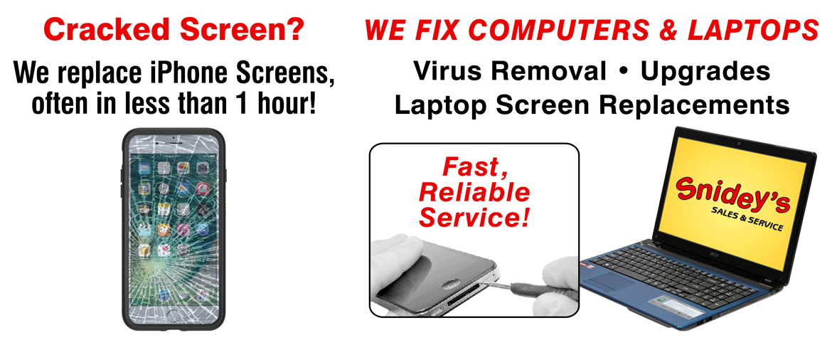 Come to Snideys for your cell phone, smartphone, computer and laptop repairs.